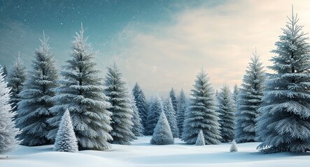 Fototapeta premium Snowy pine forest Christmas background frosted pine trees under a soft snowy sky