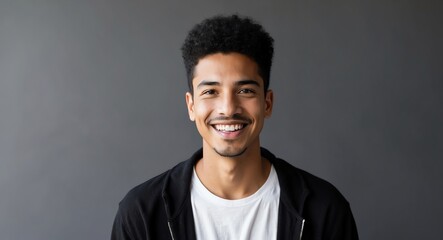 Obraz premium mixed race young man black background wearing plain white tshirt smiling happy portrait