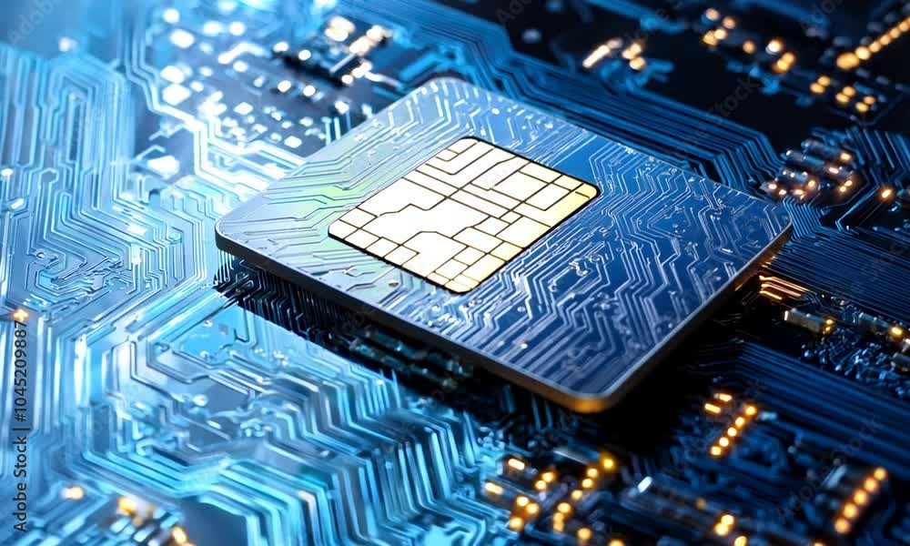 Poster high-tech close-up of a microchip on a circuit board, showcasing innovation in technology and digita