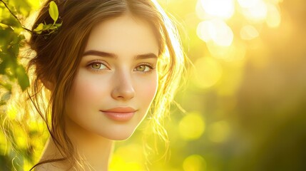 Fototapeta premium A close-up of a woman with flawless, glowing skin and soft natural makeup, standing in gentle sunlight that enhances her dewy complexion and radiance. 