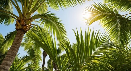Tropical palm tree leaves background lush green palm leaves swaying under the summer sun