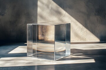 Minimalist clear glass cube casting shadows in sunlit space