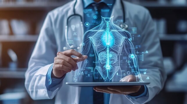  Doctor Analyzing Digital Medical Data and Human Anatomy on Tablet