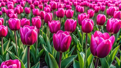Fototapeta premium Field of magenta tulips in foreground