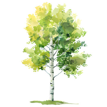 watercolor birch tree with green leaves clip art preview