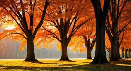 Warm orange autumn tree background tall trees with orange foliage lit by soft sunlight