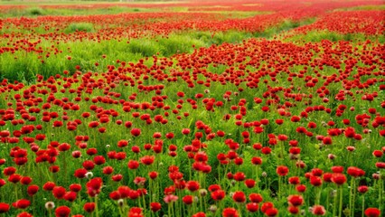 Obraz premium Field of red flowers in green grass