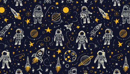 Seamless space pattern featuring astronauts, rockets, and planets in outer space © ArtCommercial