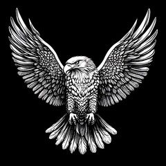 Obraz premium A detailed, black and white illustration of a bald eagle with wings spread wide against a black background.