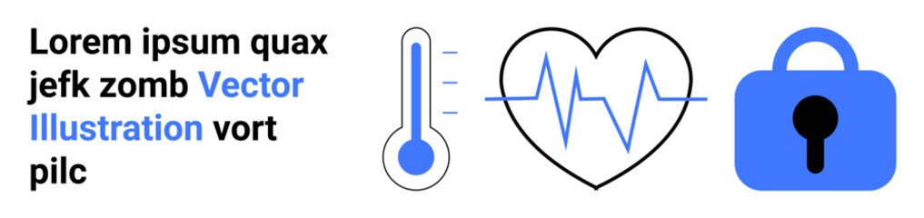 Elements showing thermometer, heartbeat, and lock symbols Ideal for health monitoring, digital security, medical applications, data protection, and wellness technology. Banner for landing page