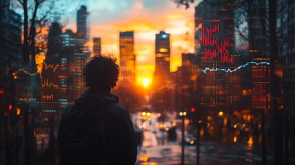 Silhouette of a person overlooking a sunset cityscape with digital data overlay in urban setting