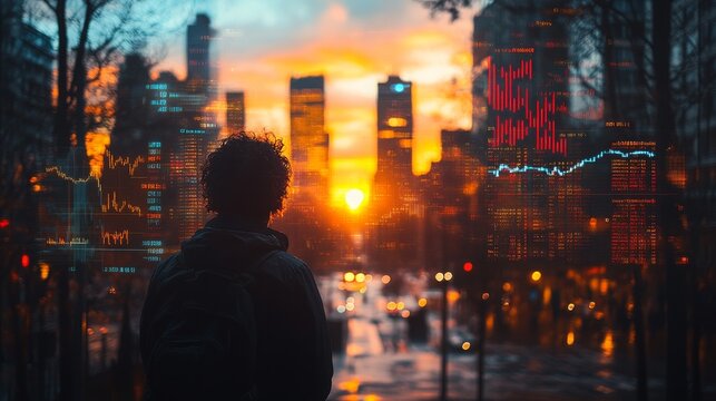 Silhouette of a person overlooking a sunset cityscape with digital data overlay in urban setting
