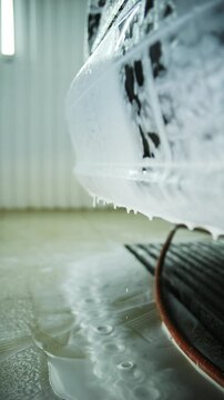 Foam flows down the car at the car wash