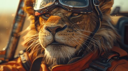 Close-up of a dashing anthropomorphic lion in a racing car, wearing a driver��s suit and helmet. Emphasizing speed and racing excitement. Ideal for automotive and sports content.