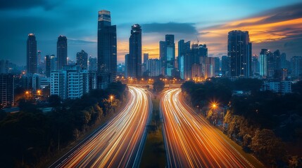 Obraz premium Speeding Cars Light Trails in Urban Skyline at Dusk