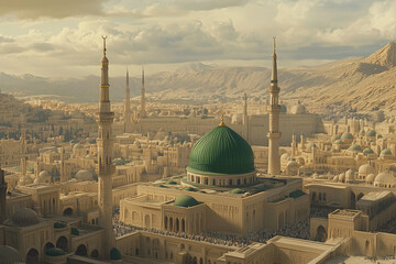 A beautifully designed poster featuring the Mosque with its striking green dome in the foreground, with the full mosque structure in the background
