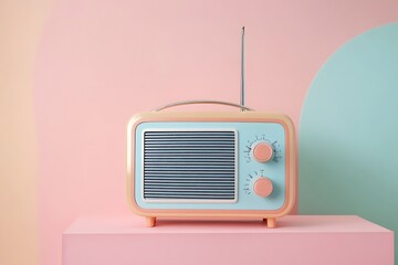 Obraz premium Antilo radio illustration design, 80s and 90s, retro colors on pastel green pink neon light background, copy space design 