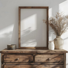 frame, mockup, wooden, white, vase, plant, table, shadow, sunlight, interior, background	