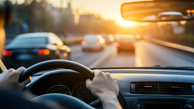 A driver's hands adjusting the steering wheel while merging onto a busy freeway, with other cars visible in the rearview mirror. 