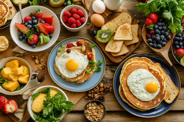 A beautifully arranged assortment of breakfast foods including pancakes, eggs, toast, fresh fruits, and pastries, laid out on a table