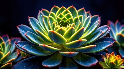 Fototapeta premium Glowing Succulent Bloom - Macro Photography, Dark Blue Background, Floral Art, Flower Detail, Succulent Plant