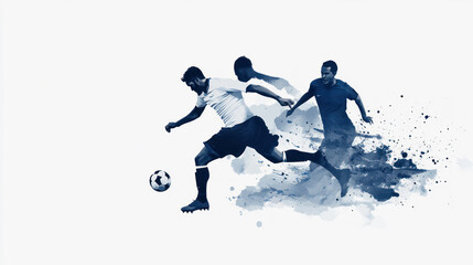 Blue watercolor painting of soccer players are fighting for the ball