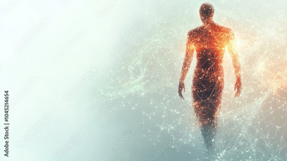 Poster abstract representation of human anatomy with glowing quantum particles connected by energy lines in