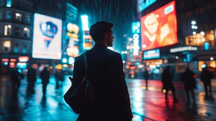 A man gazes at vibrant city lights in the rain, lost in thought amidst busy streets filled with life.