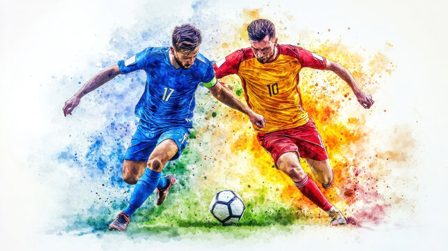 Colorful watercolor painting of soccer players are fighting for the ball