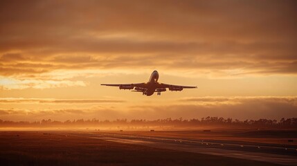 Fototapeta premium Airplane Taking Off at Sunrise with Golden Sky