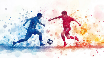 Colorful watercolor painting of soccer players are fighting for the ball