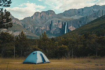 A serene campsite set near a waterfall, with a tent pitched by the water and a backdrop of majestic mountains and rolling hills