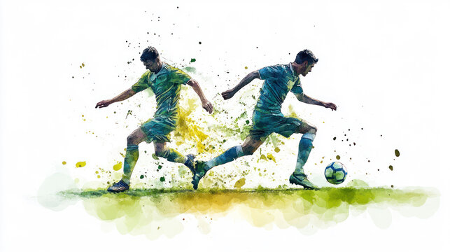 Green watercolor painting of soccer players are fighting for the ball