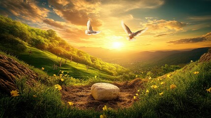 Obraz premium Dramatic Scene of an Empty Tomb at Sunset