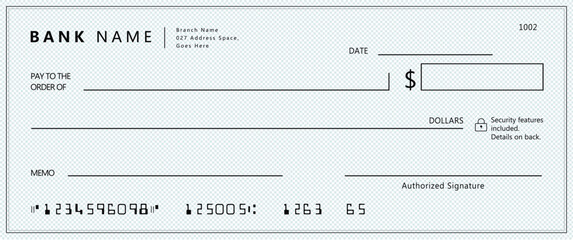 Bank check, vector blank money cheque, checkbook template with guilloche pattern and fields. Currency payment coupon, money check background