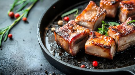 Deliciously grilled pork belly pieces in a black skillet.