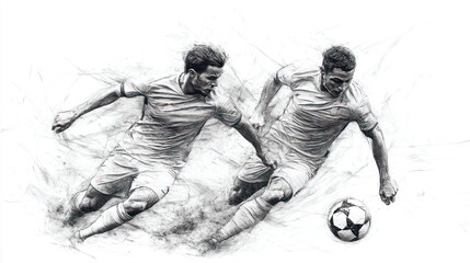 Pencil sketch outline of football players are fighting for the ball