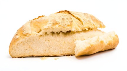 Freshly baked rustic bread with a crusty golden exterior on a white background.