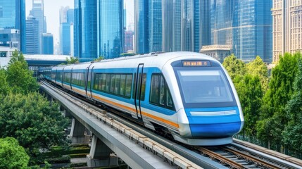 Naklejka premium Modern Train on Elevated Track in Urban Setting