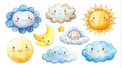 Set of cute watercolor clouds and suns with a smiling moon, and weather concept. Adorable watercolor artwork featuring a set of fluffy clouds and glowing suns, all with endearing smiles