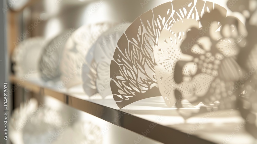 Aufkleber intricate laser cut paper art is displayed on a shelf, with sunlight shining through the delicate pa