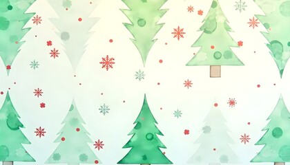 Watercolor seamless repeating  christmas tree background with snowflakes for wrapping paper. AI generated