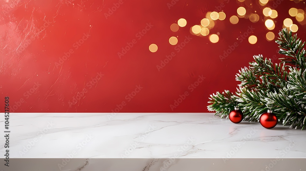 Poster a white marble countertop sits in front of a red background with gold bokeh lights and a snowy everg