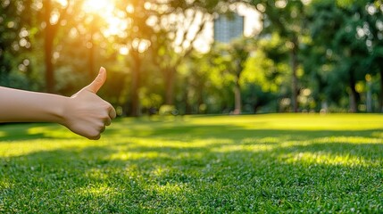 A person's hand giving a thumbs-down gesture against a green park backdrop, symbolizing dissatisfaction or a negative reaction in nature. 