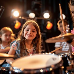 A young girl is playing the drums in a band with other children