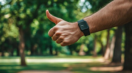 A person's hand giving a thumbs-down gesture against a green park backdrop, symbolizing dissatisfaction or a negative reaction in nature. 