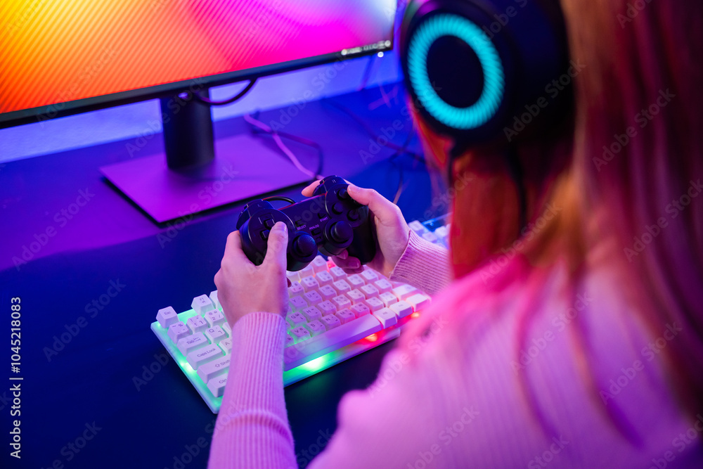 Aufkleber gamer using joystick controller for virtual tournament plays online video game with computer neon li