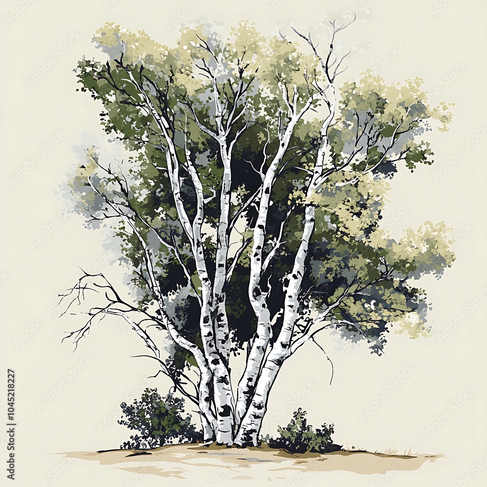 Poster a painting of a group of birch trees with white bark against a light background.