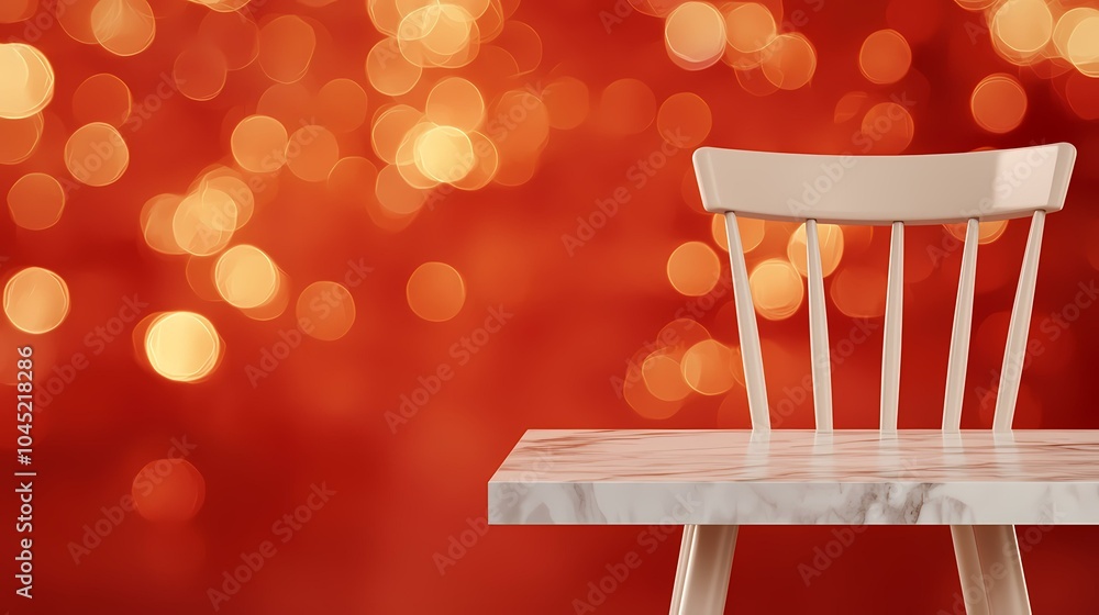 Poster a white chair with a marble table top is in front of a red background with out of focus yellow circl