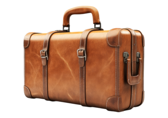 Photo of leather brown suitcase .Transparent background. Isolated PNG.